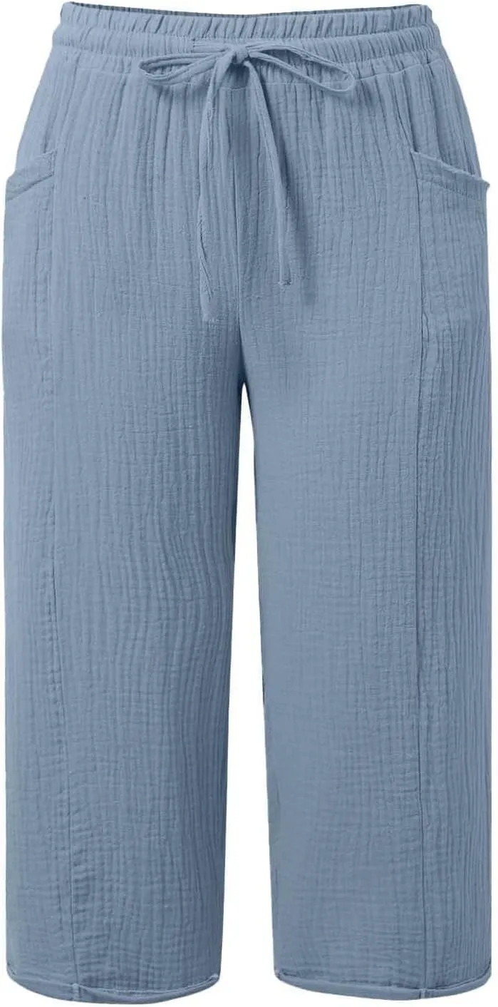 Cotton Linen Capri Pants for Women 2025 Summer Casual Plus Size Capris Wide Leg High Waisted Drawstring Crop Pants