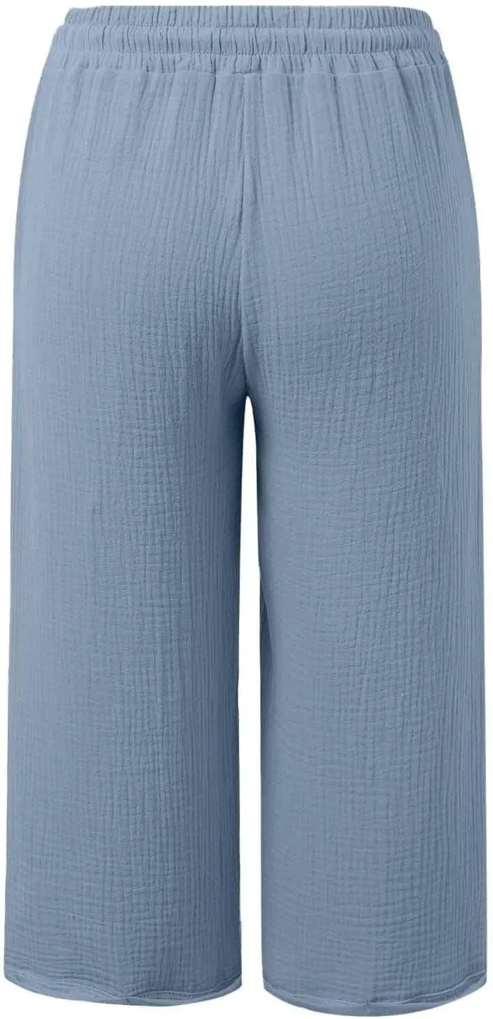 Cotton Linen Capri Pants for Women 2025 Summer Casual Plus Size Capris Wide Leg High Waisted Drawstring Crop Pants