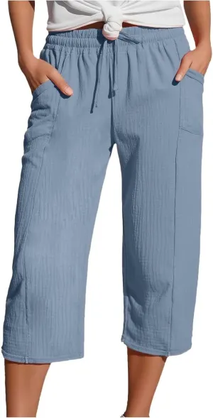 Cotton Linen Capri Pants for Women 2025 Summer Casual Plus Size Capris Wide Leg High Waisted Drawstring Crop Pants