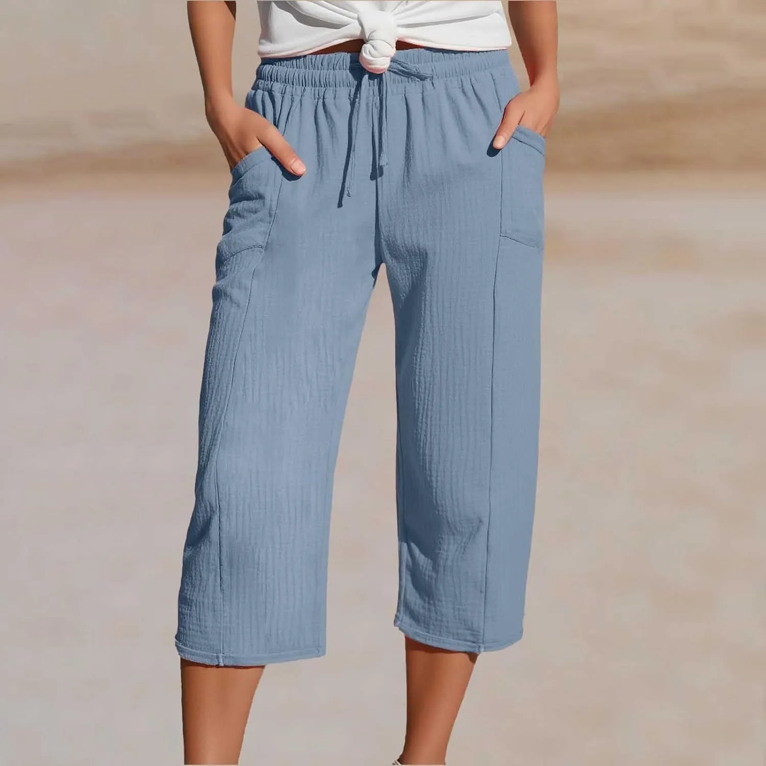 Cotton Linen Capri Pants for Women 2025 Summer Casual Plus Size Capris Wide Leg High Waisted Drawstring Crop Pants