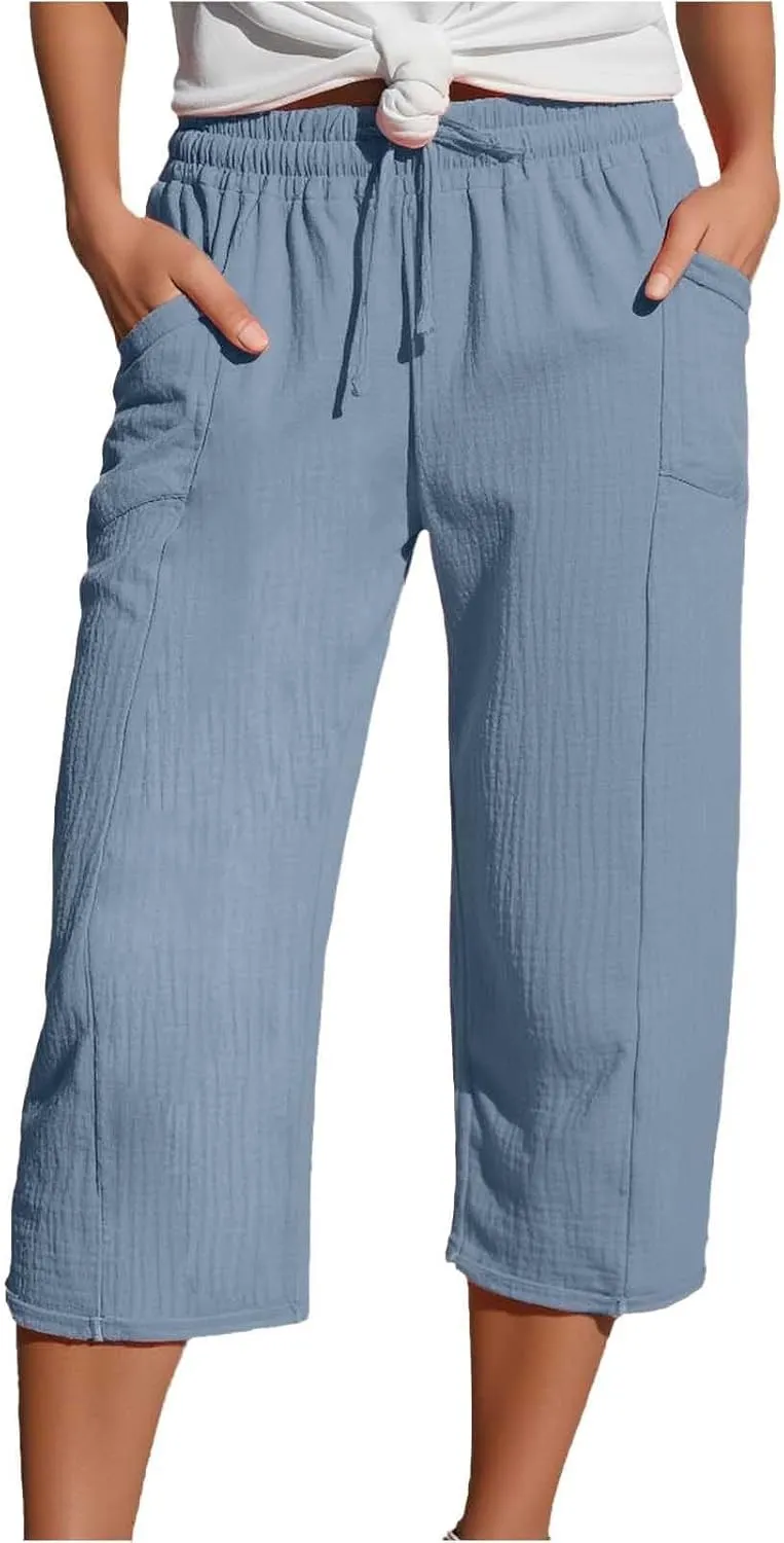 Cotton Linen Capri Pants for Women 2025 Summer Casual Plus Size Capris Wide Leg High Waisted Drawstring Crop Pants