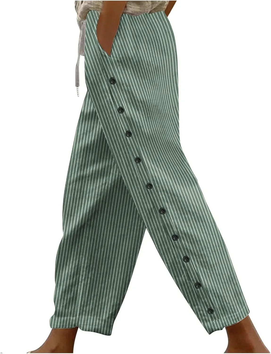 Cotton Linen Pants for Women Drawstring High Elastic Waist Trousers Summer Trendy Strip Buttoned Side Tapered Pants