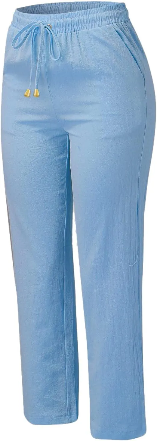 Cotton Linen Pants Women Summer Drawstring Waist Lounge Pants Casual Straight Leg Loose Long Trousers with Pockets