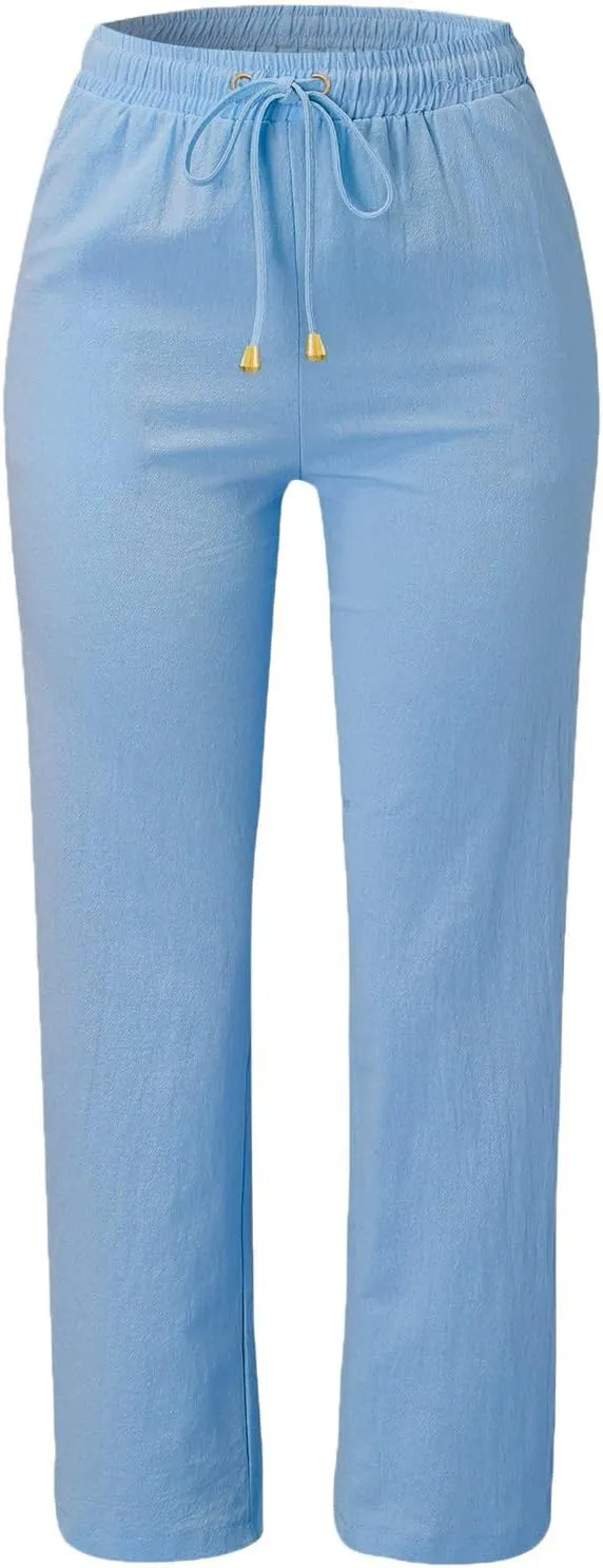 Cotton Linen Pants Women Summer Drawstring Waist Lounge Pants Casual Straight Leg Loose Long Trousers with Pockets