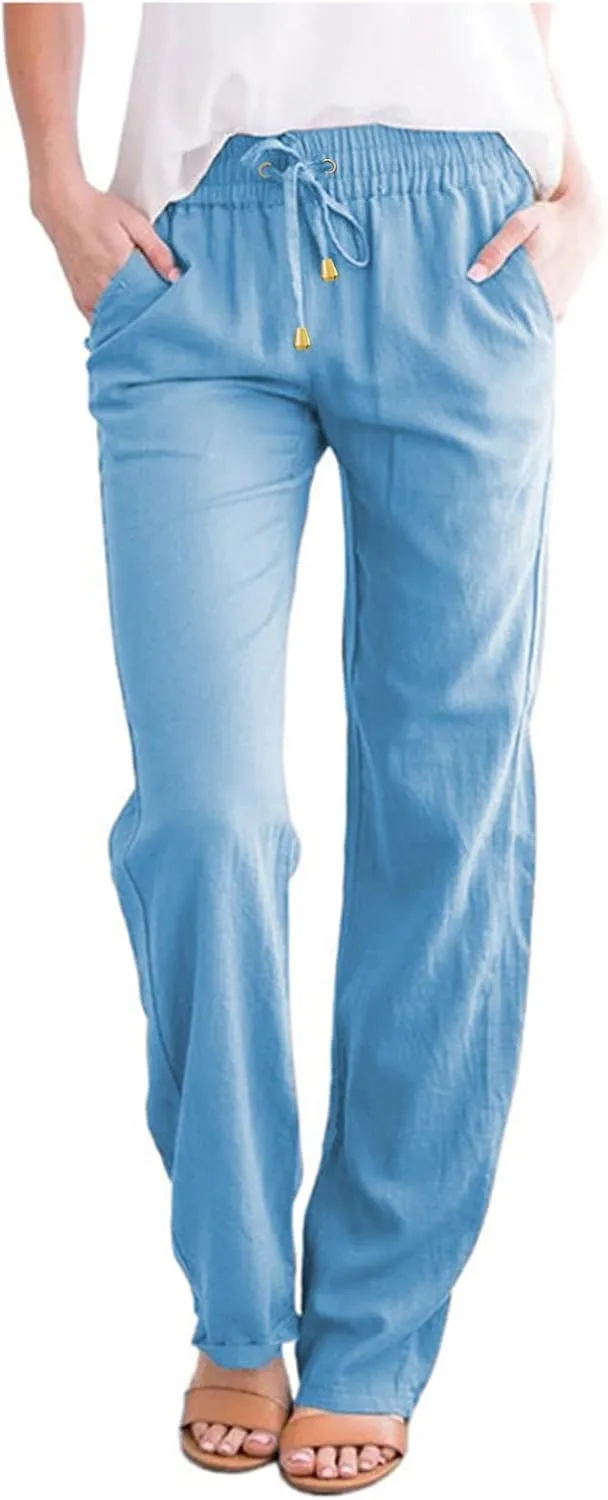 Cotton Linen Pants Women Summer Drawstring Waist Lounge Pants Casual Straight Leg Loose Long Trousers with Pockets