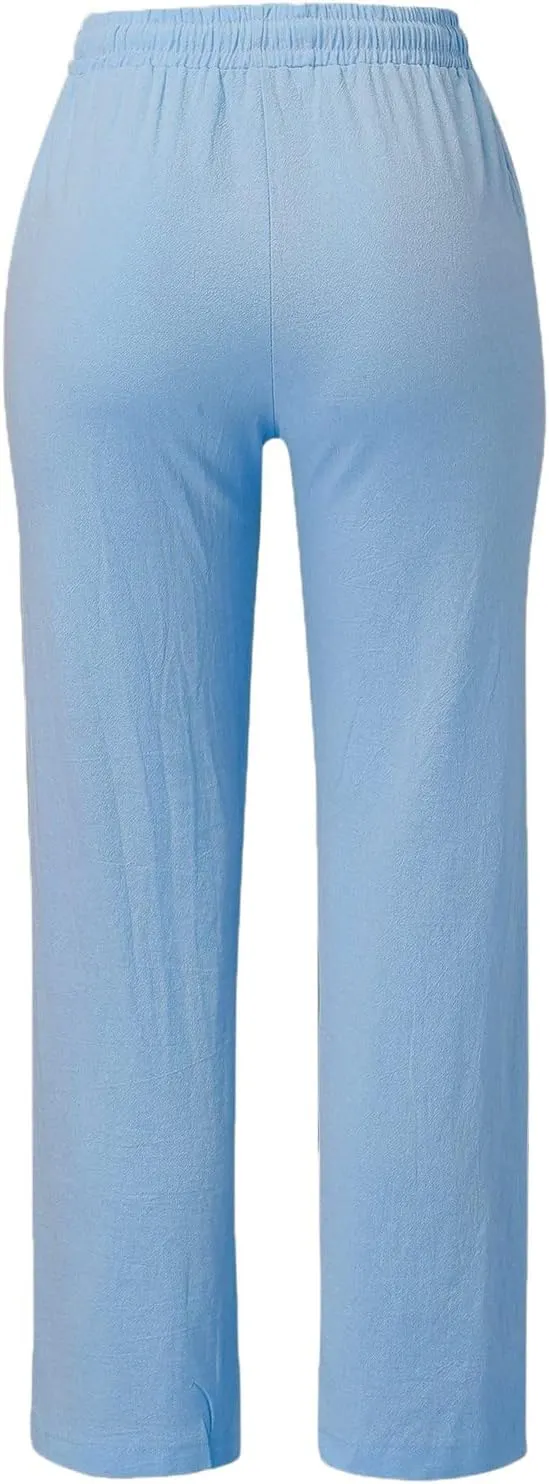 Cotton Linen Pants Women Summer Drawstring Waist Lounge Pants Casual Straight Leg Loose Long Trousers with Pockets