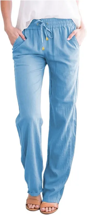 Cotton Linen Pants Women Summer Drawstring Waist Lounge Pants Casual Straight Leg Loose Long Trousers with Pockets