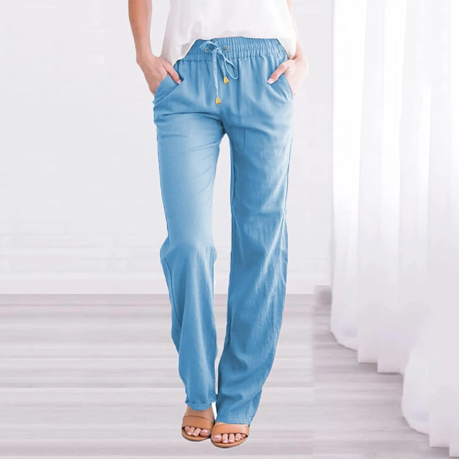 Cotton Linen Pants Women Summer Drawstring Waist Lounge Pants Casual Straight Leg Loose Long Trousers with Pockets