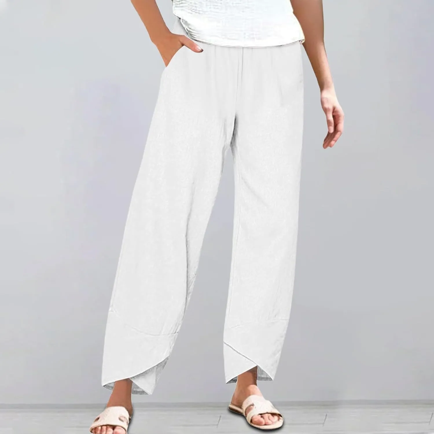 Cotton Linen Pants Women Summer Plus Size Lightweight Lounge Pant Hight Waist Vacation Beach Trousers with Pockets