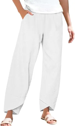 Cotton Linen Pants Women Summer Plus Size Lightweight Lounge Pant Hight Waist Vacation Beach Trousers with Pockets