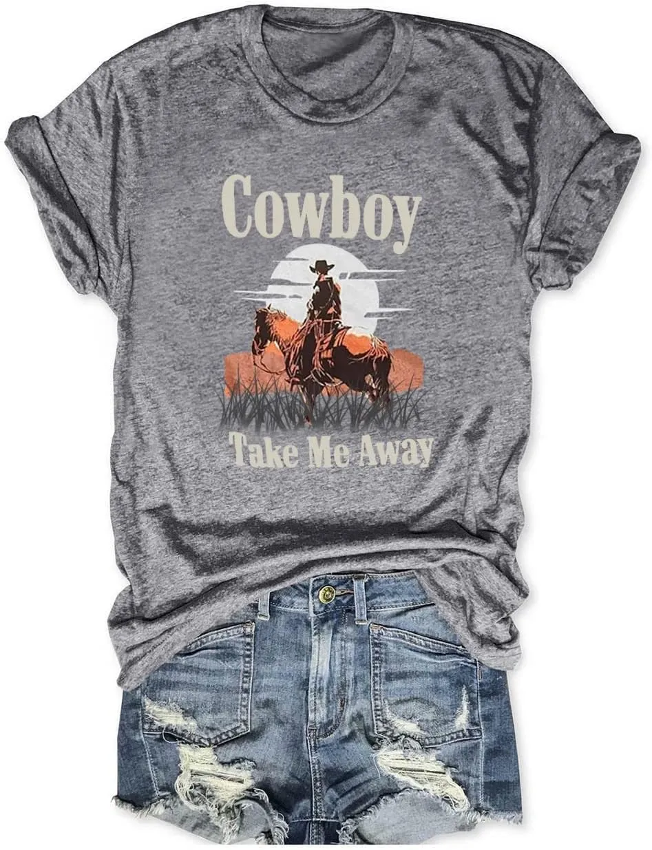 Cowboy Take Me Away T-Shirt for Women Country Cowboy Vintage Tees Tops Cowgirl Letter Print Gift T-Shirt