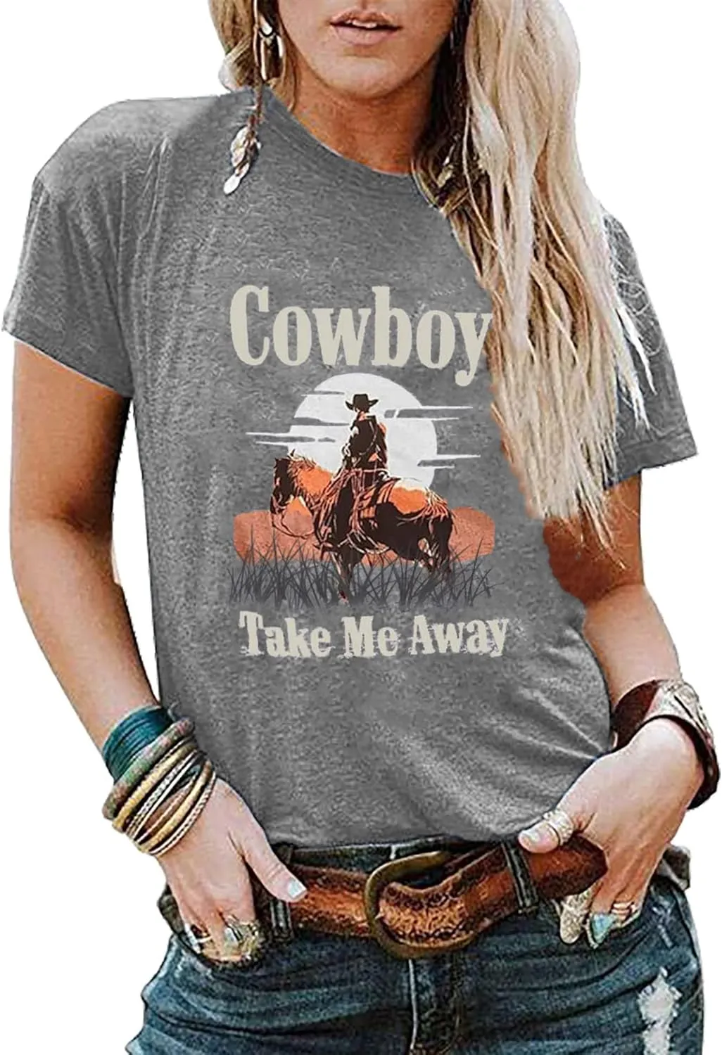Cowboy Take Me Away T-Shirt for Women Country Cowboy Vintage Tees Tops Cowgirl Letter Print Gift T-Shirt