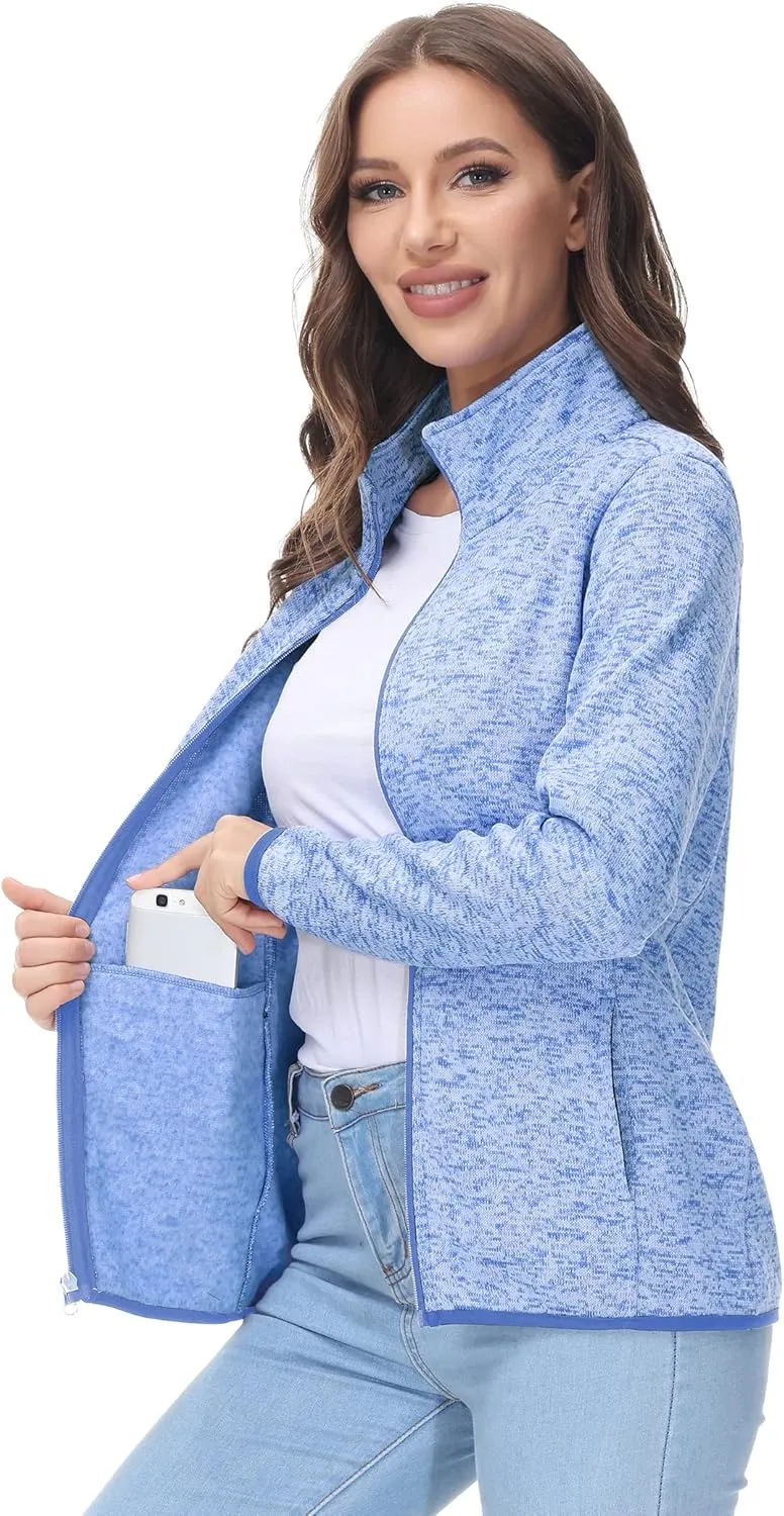 COZZIPLUS Women Zip Up Sweater Jacket with Fleece Interior, Warm Knitted Fleece Jacket with Pockets