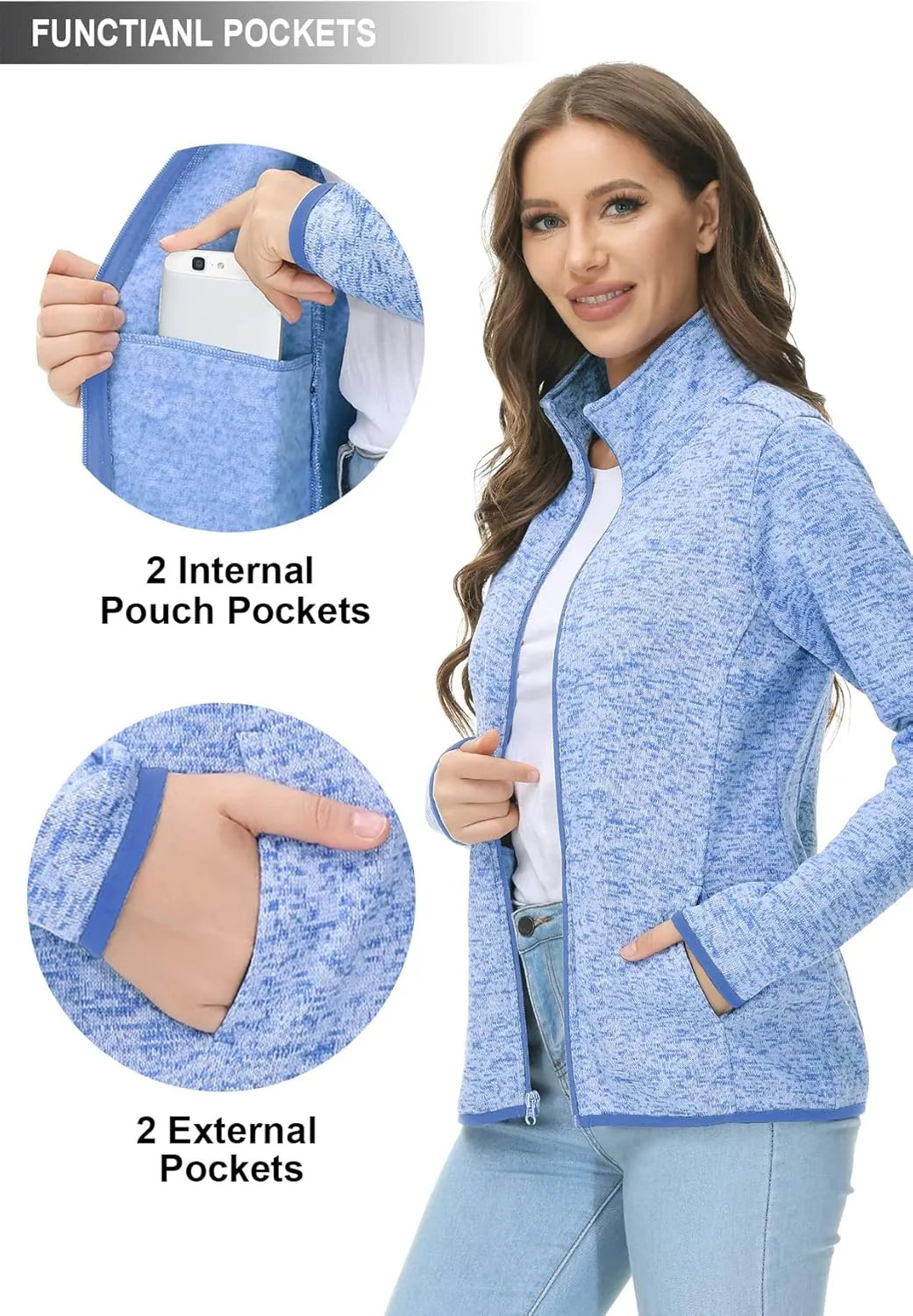 COZZIPLUS Women Zip Up Sweater Jacket with Fleece Interior, Warm Knitted Fleece Jacket with Pockets