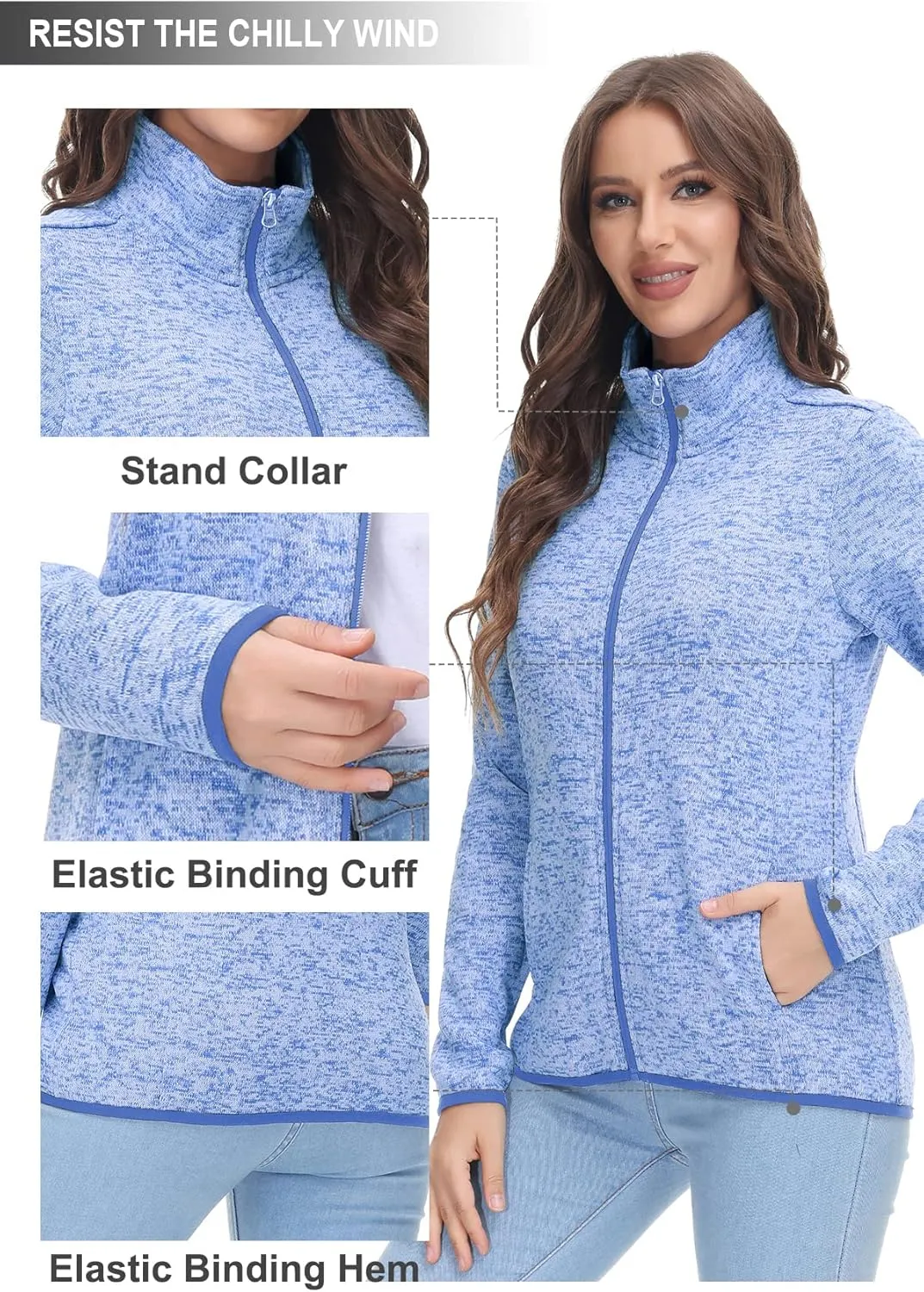 COZZIPLUS Women Zip Up Sweater Jacket with Fleece Interior, Warm Knitted Fleece Jacket with Pockets