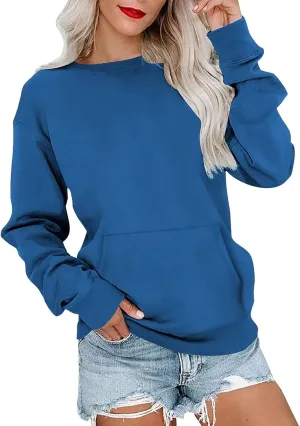 Crewneck Sweatshirts Women Fleece Sweatshirt with Pocket Long Sleeve Shirts Hoodies Pullover Cute Sweaters Tops