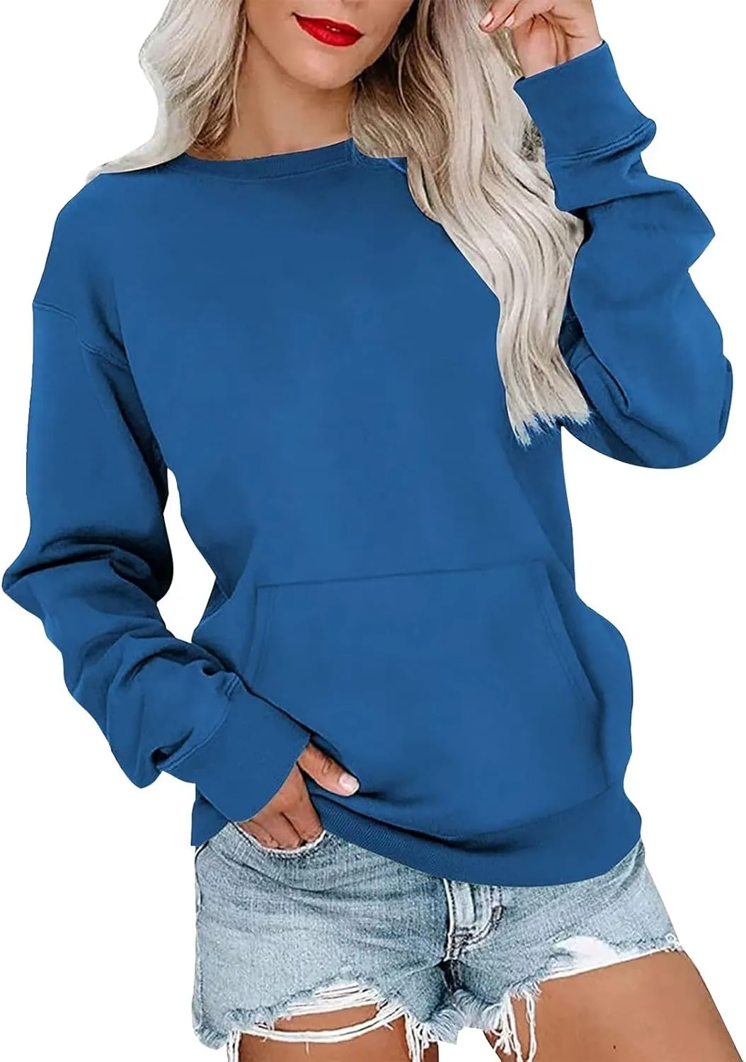 Crewneck Sweatshirts Women Fleece Sweatshirt with Pocket Long Sleeve Shirts Hoodies Pullover Cute Sweaters Tops