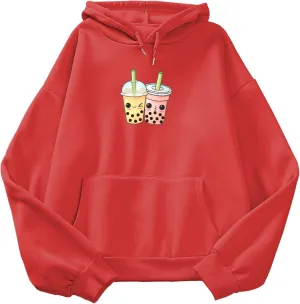 Cute Women's Milk Tea Hoodie Kawaii Y2K Cartoon Oversized Long Sleeves Aesthetic Hooded Sweatshirts for Teens(Red,L)