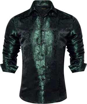 DiBanGu Mens Silk Paisley Dress Shirts,Long Sleeve Button Down Shirt Casual Regular Fit Shirt for Men Wedding Party