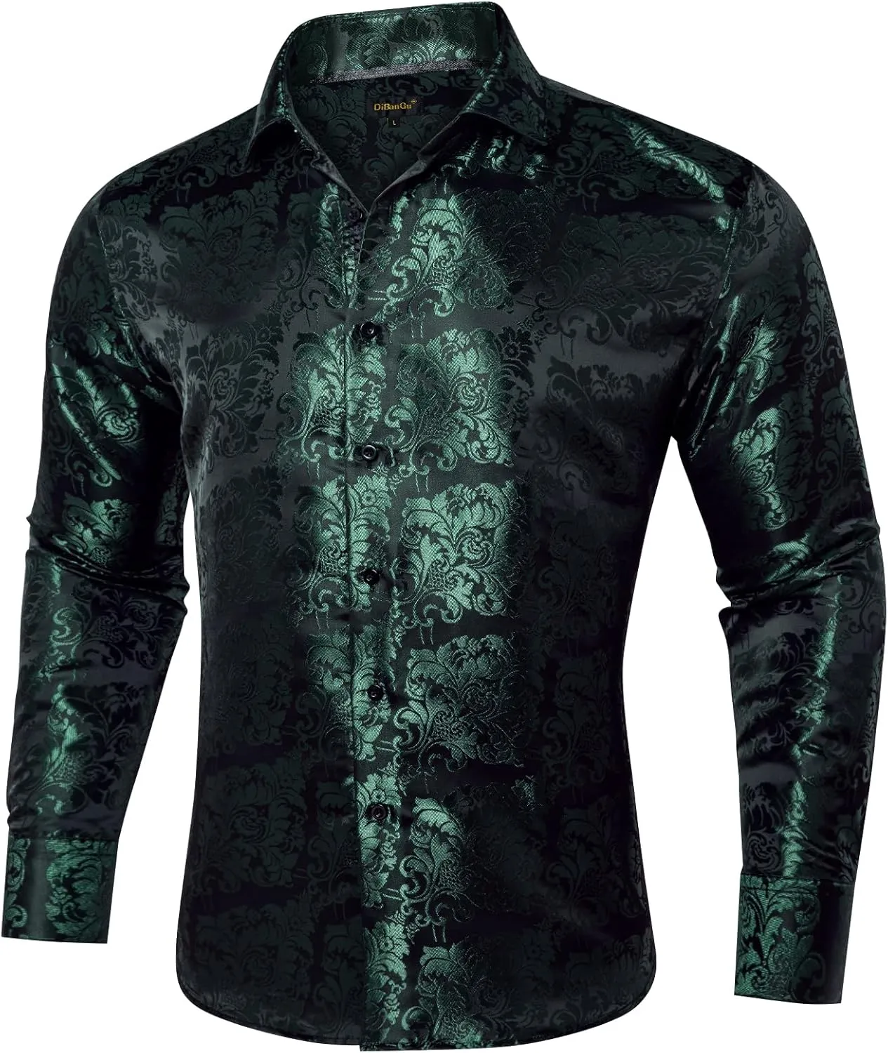 DiBanGu Mens Silk Paisley Dress Shirts,Long Sleeve Button Down Shirt Casual Regular Fit Shirt for Men Wedding Party