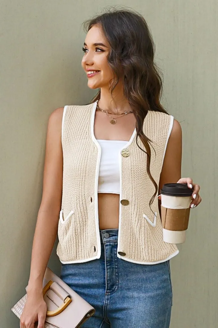 Disamer Sleeveless Sweater Vest for Women Crochet Knit Button Down Crop Cardigan Sleeveless Tank Tops with Pockets