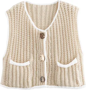 Disamer Sleeveless Sweater Vest for Women Crochet Knit Button Down Crop Cardigan Sleeveless Tank Tops with Pockets