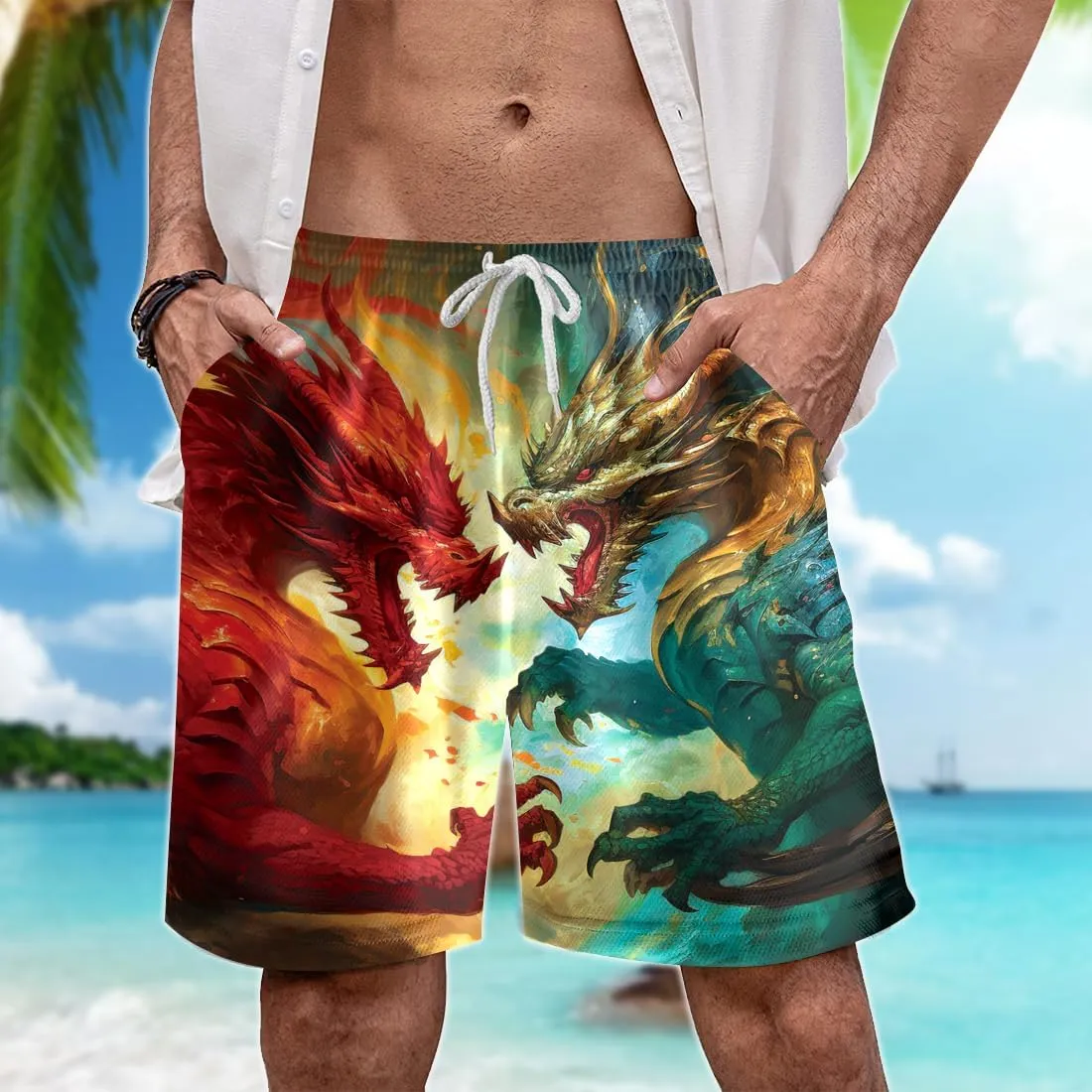 Dragons Mens Hawaiian Sport Shorts - Dragon Dice Hawaiian Shorts for Men - Casual Drawstring Beachwear Shorts Series 21