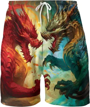 Dragons Mens Hawaiian Sport Shorts - Dragon Dice Hawaiian Shorts for Men - Casual Drawstring Beachwear Shorts Series 21
