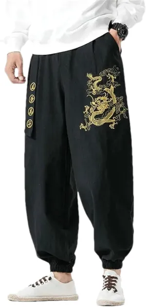Embroidery Harem Pants Men's Casual Pants Spring Men Sashes Sweatpants Men Wide Leg Pants Cotton Linen Jogger