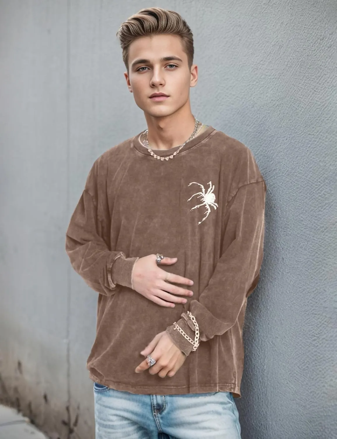 EMMIOL Men's Crewneck Sweatshirt Long Sleeve Hip Hop Fleece Pullover Vintage Sweatshirt Street Fashion Sweatshirts