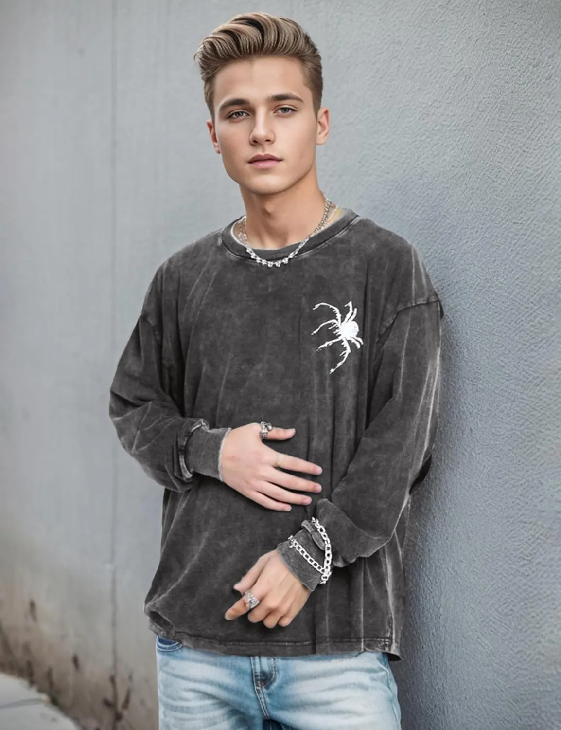 EMMIOL Men's Crewneck Sweatshirt Long Sleeve Hip Hop Fleece Pullover Vintage Sweatshirt Street Fashion Sweatshirts