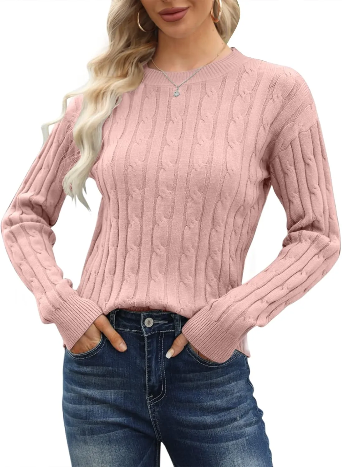 Esobo Women's Classic-fit Lightweight Cable Long Sleeve Mockneck Loose Casual Sweater Jumpers