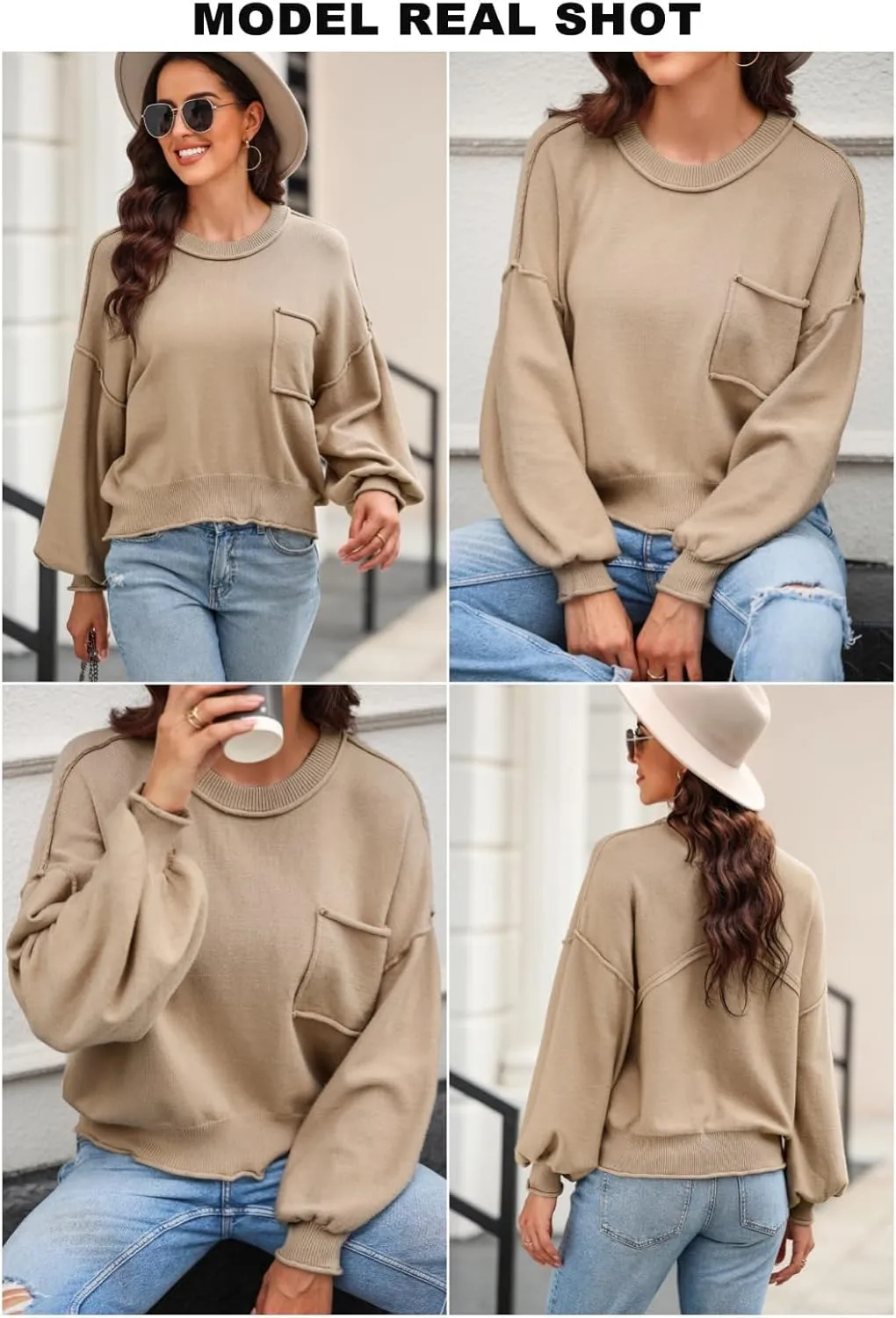 EVALESS Women's 2024 Lantern Long Sleeve Crewneck Sweater Casual Solid Color Ribbed Hem Knitwear Pullover Cropped Tops
