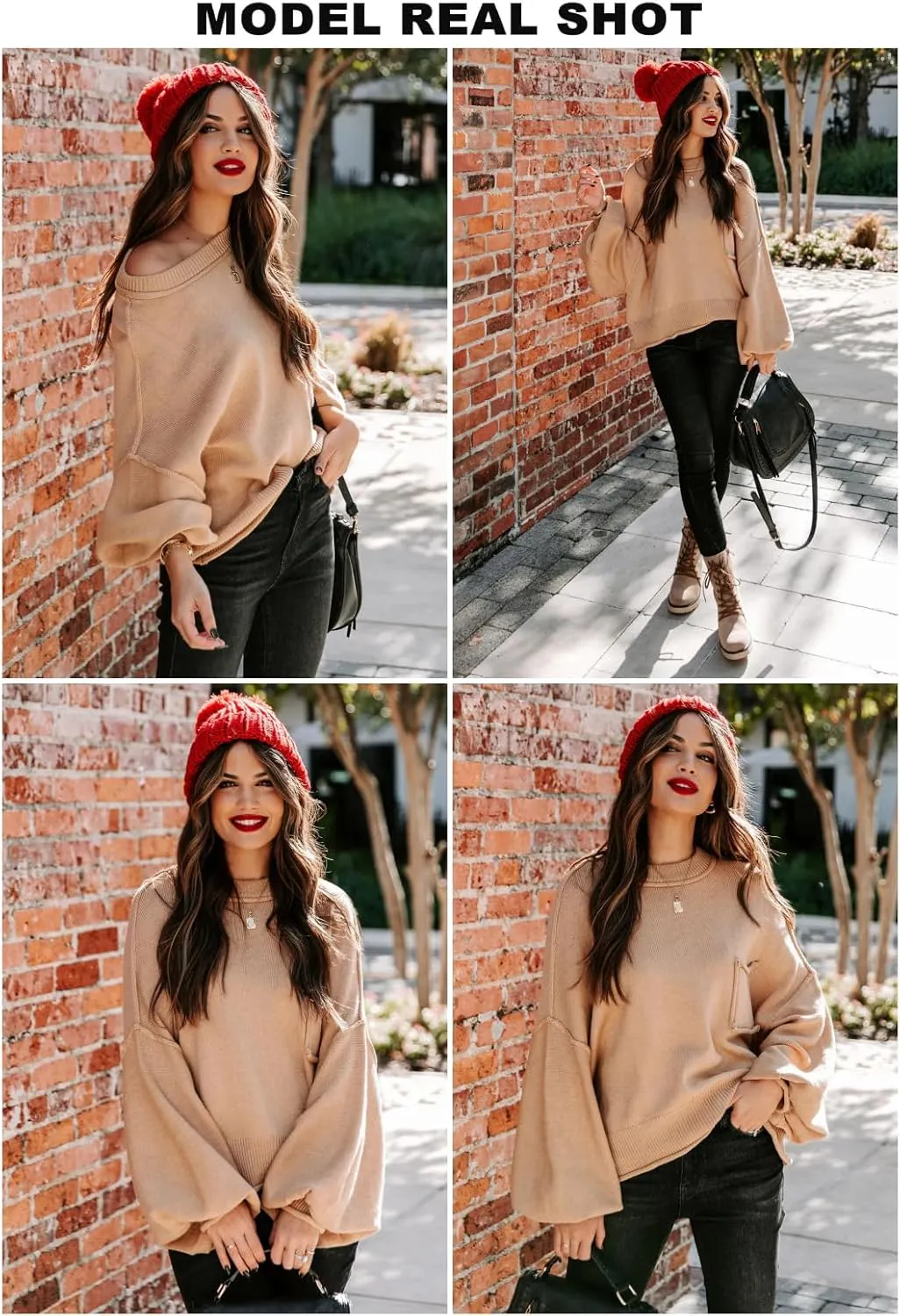 EVALESS Women's 2024 Lantern Long Sleeve Crewneck Sweater Casual Solid Color Ribbed Hem Knitwear Pullover Cropped Tops