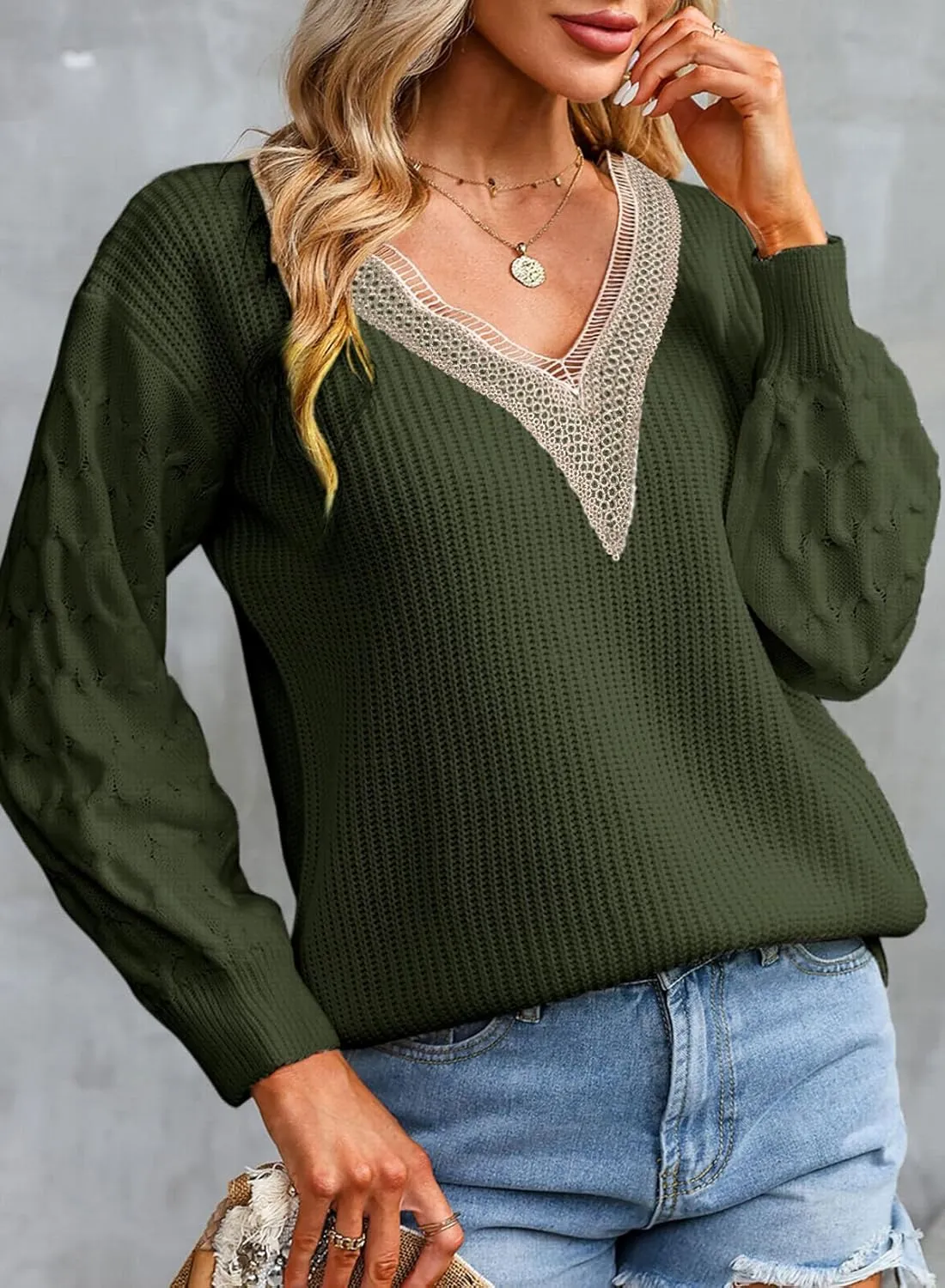 EVALESS Womens Long Sleeve Sweaters Fall 2024 Trendy Sexy Lace V Neck Knit Drop Shoulder Pullover Sweater Jumper Tops