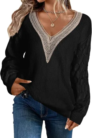 EVALESS Womens Long Sleeve Sweaters Fall 2024 Trendy Sexy Lace V Neck Knit Drop Shoulder Pullover Sweater Jumper Tops