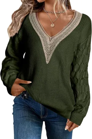 EVALESS Womens Long Sleeve Sweaters Fall 2024 Trendy Sexy Lace V Neck Knit Drop Shoulder Pullover Sweater Jumper Tops