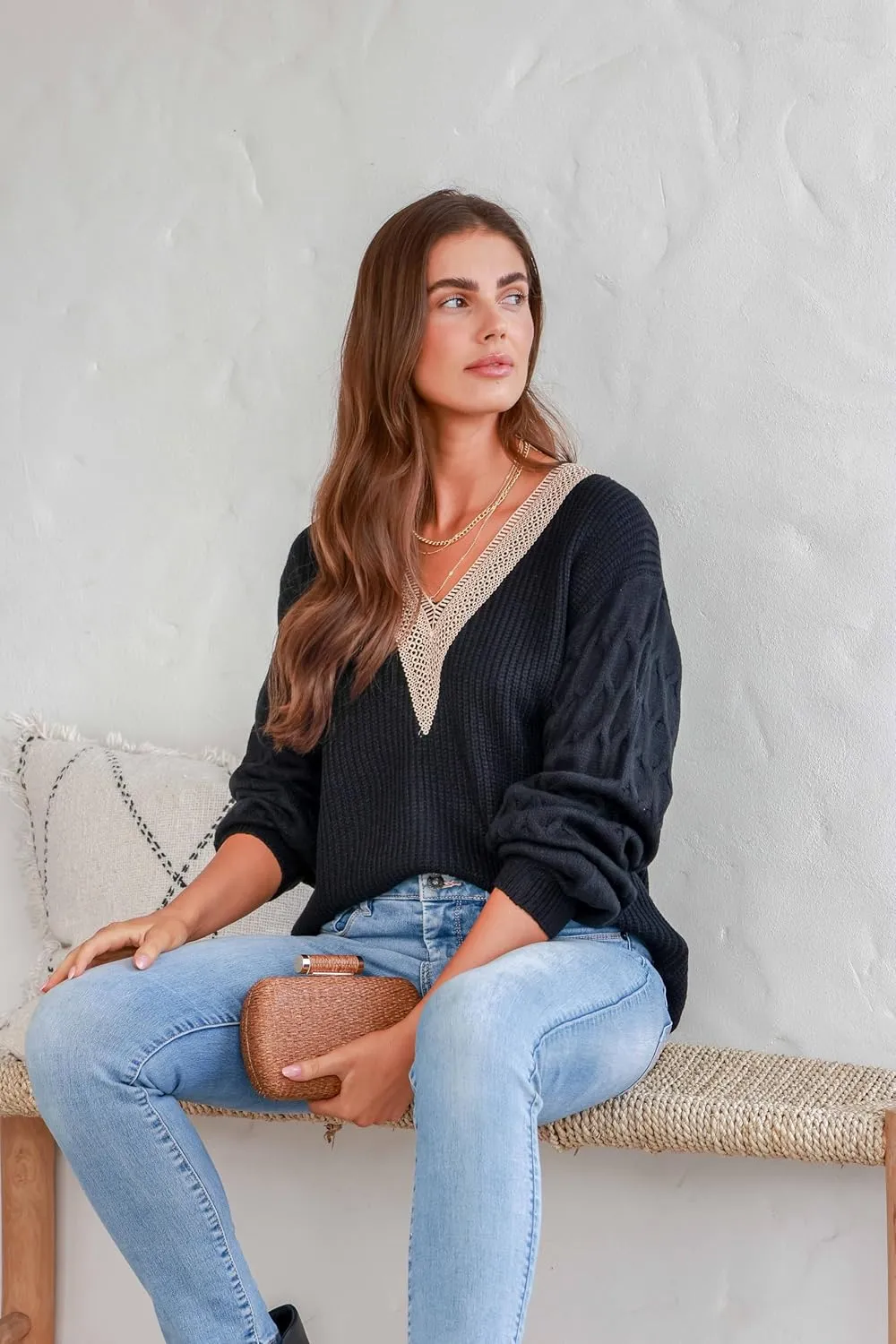 EVALESS Womens Long Sleeve Sweaters Fall 2024 Trendy Sexy Lace V Neck Knit Drop Shoulder Pullover Sweater Jumper Tops