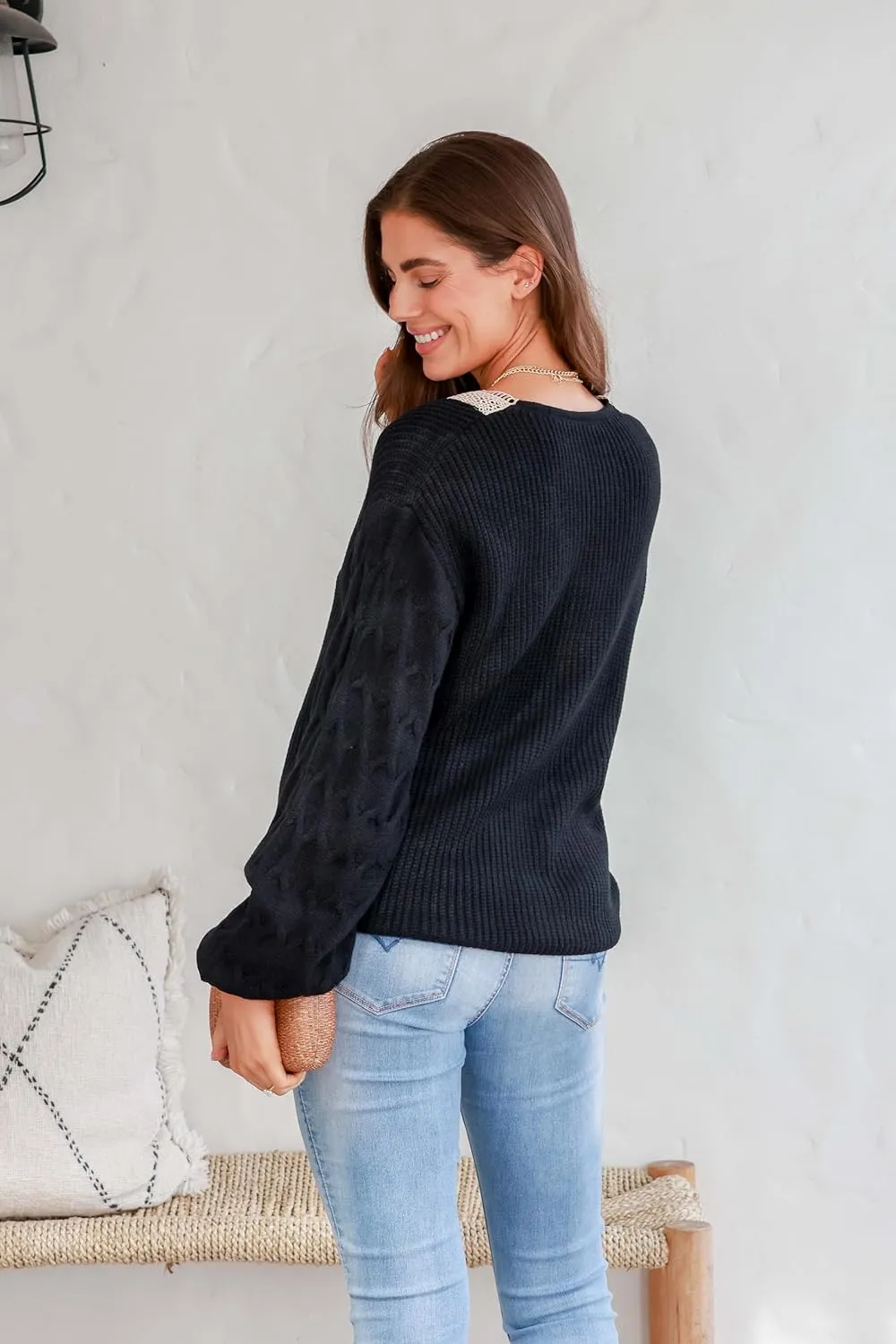 EVALESS Womens Long Sleeve Sweaters Fall 2024 Trendy Sexy Lace V Neck Knit Drop Shoulder Pullover Sweater Jumper Tops
