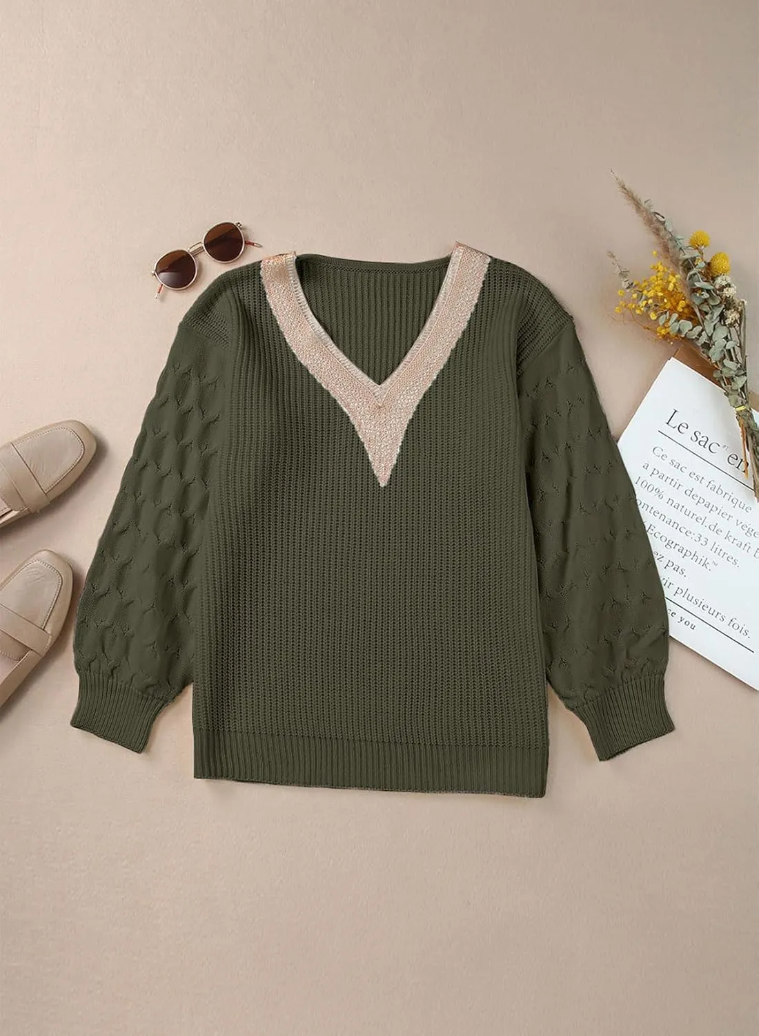 EVALESS Womens Long Sleeve Sweaters Fall 2024 Trendy Sexy Lace V Neck Knit Drop Shoulder Pullover Sweater Jumper Tops