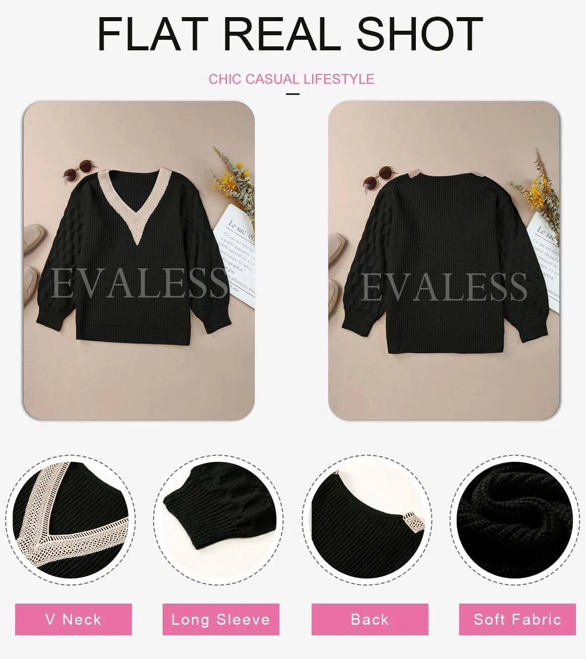 EVALESS Womens Long Sleeve Sweaters Fall 2024 Trendy Sexy Lace V Neck Knit Drop Shoulder Pullover Sweater Jumper Tops