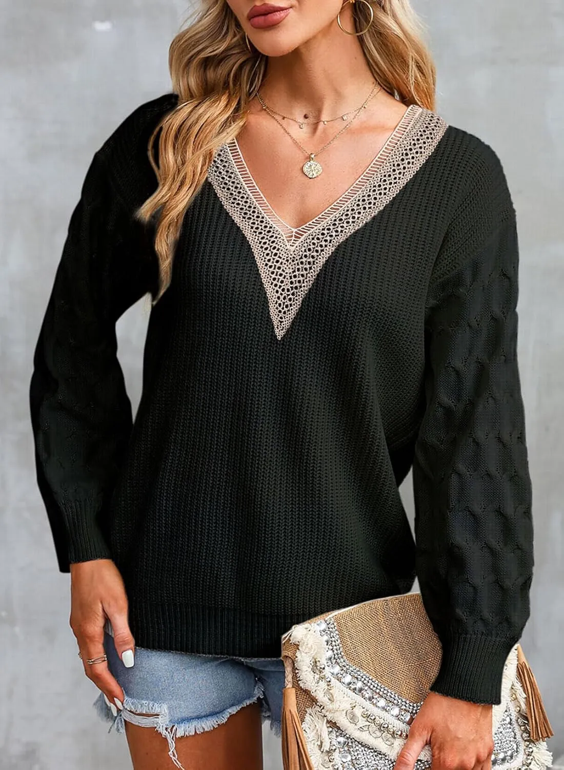 EVALESS Womens Long Sleeve Sweaters Fall 2024 Trendy Sexy Lace V Neck Knit Drop Shoulder Pullover Sweater Jumper Tops