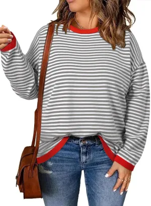 Eytino Plus Size Sweaters for Women Casual Striped Color Block Long Sleeve Round Neck Pullover Jumpers Tops(1X-5X)
