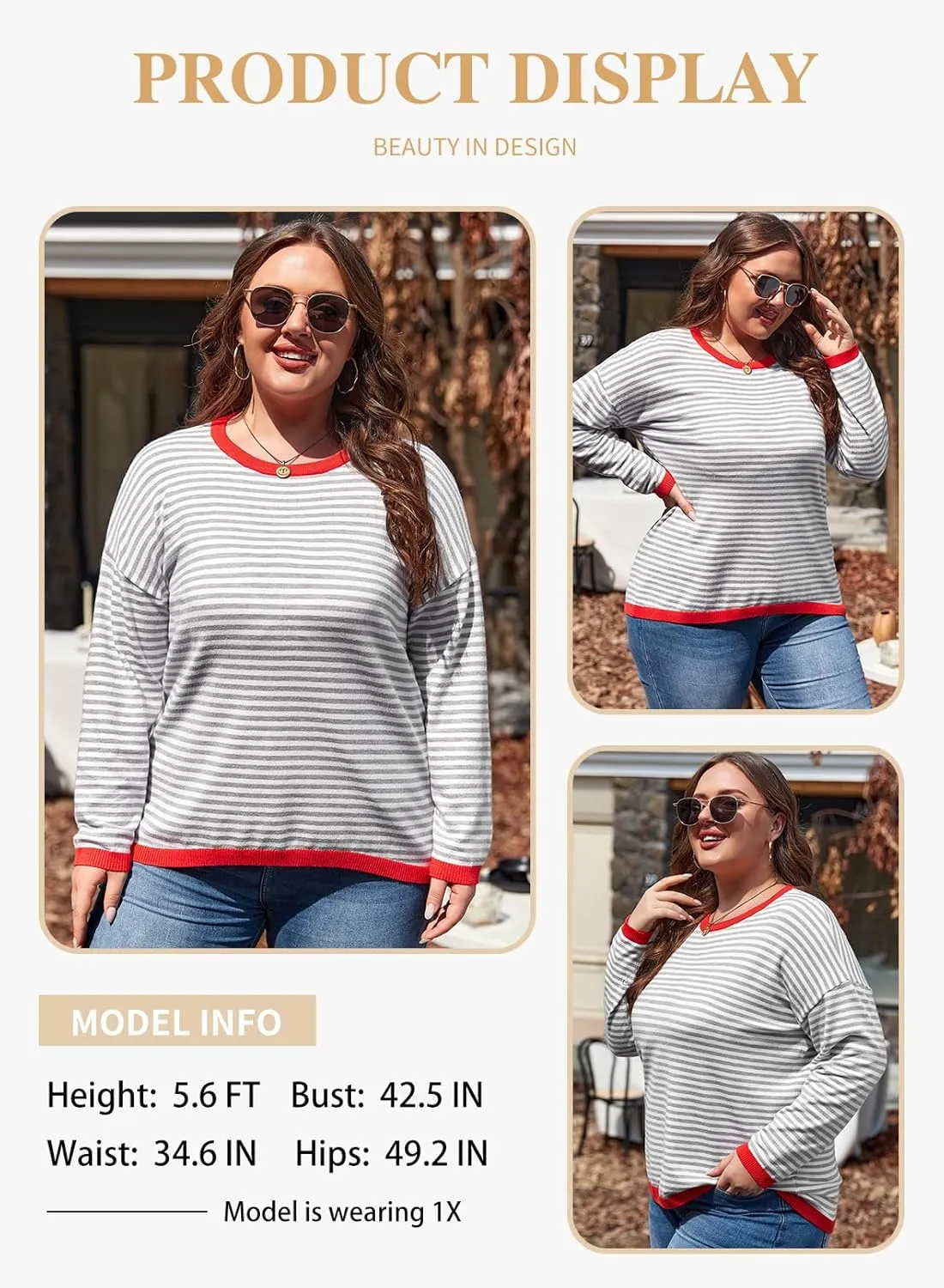 Eytino Plus Size Sweaters for Women Casual Striped Color Block Long Sleeve Round Neck Pullover Jumpers Tops(1X-5X)