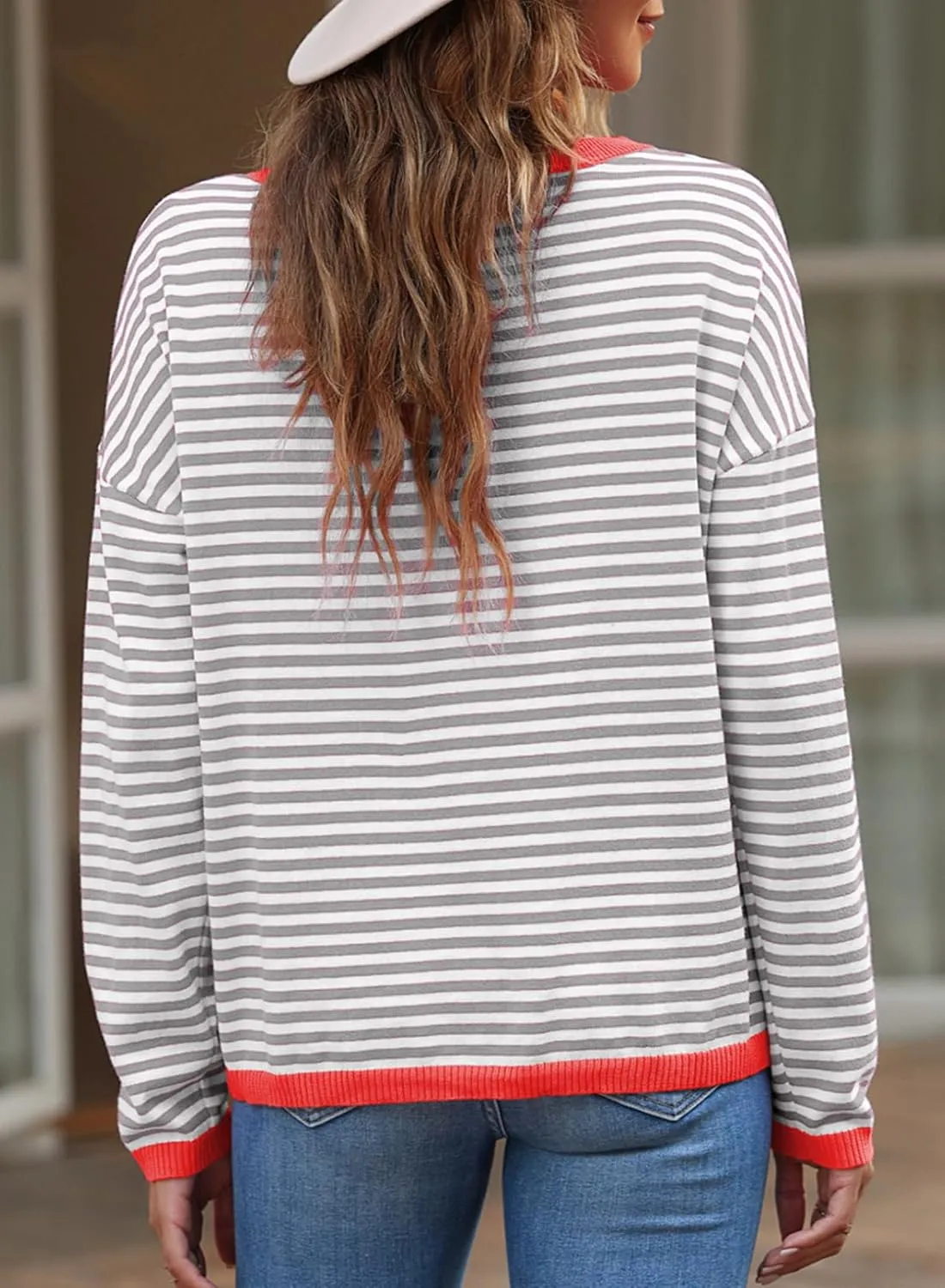 Eytino Plus Size Sweaters for Women Casual Striped Color Block Long Sleeve Round Neck Pullover Jumpers Tops(1X-5X)