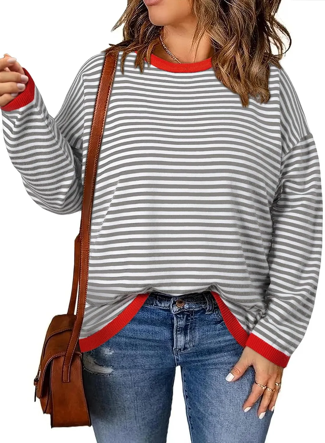 Eytino Plus Size Sweaters for Women Casual Striped Color Block Long Sleeve Round Neck Pullover Jumpers Tops(1X-5X)