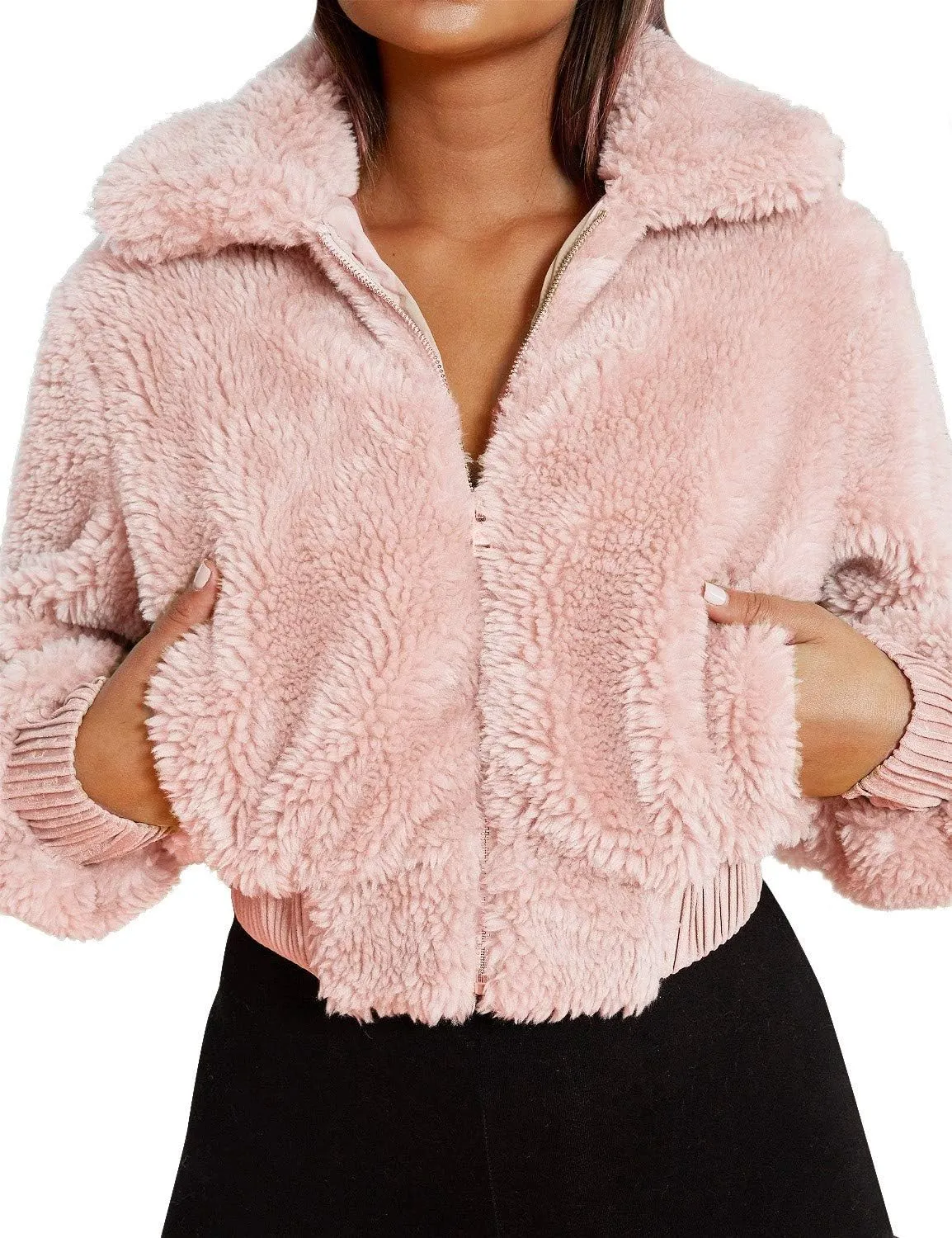 FANCYINN Womens Teddy Cropped Faux Fur Jacket Furry Lapel Coat Zip Up with Pockets Warm Winter
