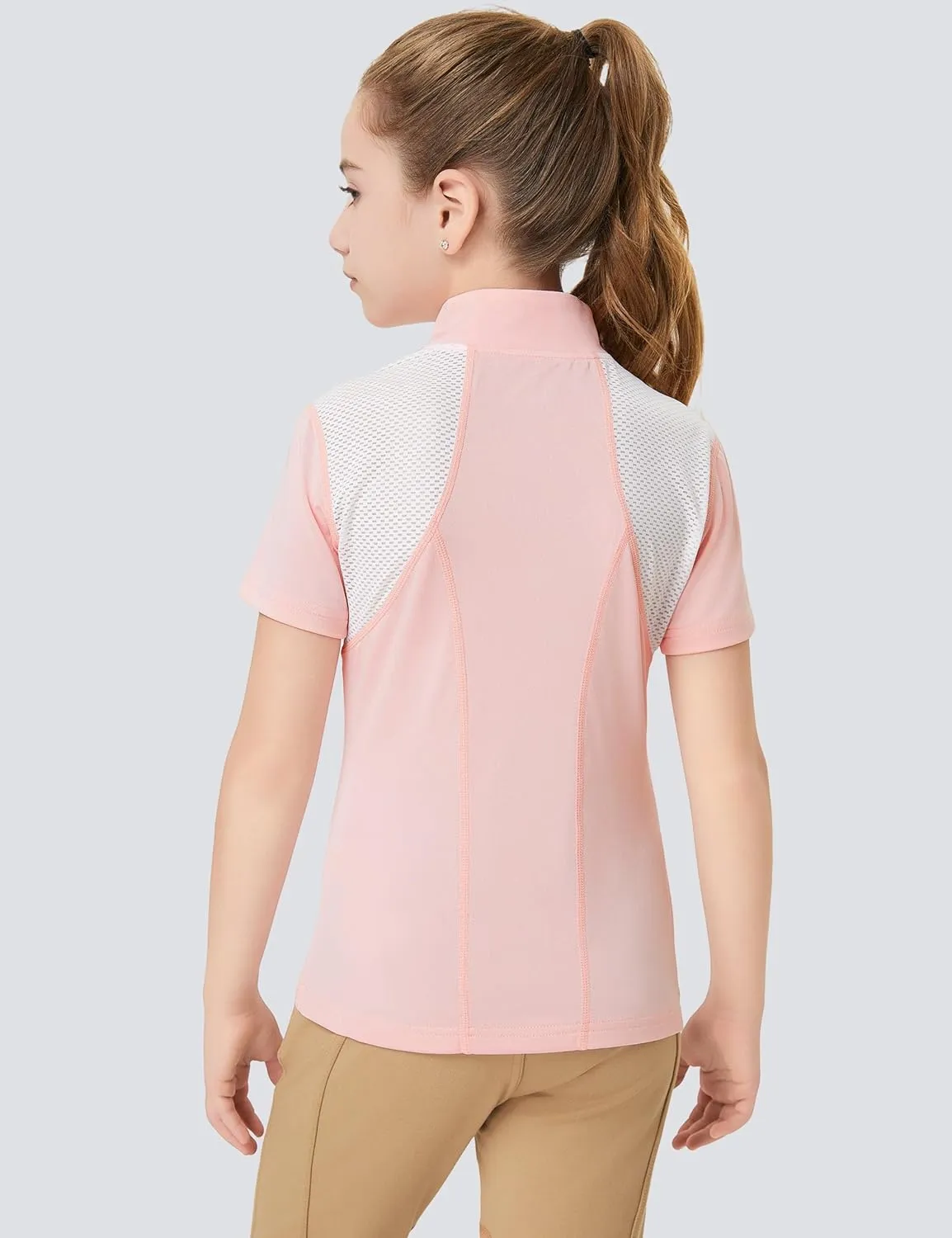 FitsT4 Sports Girls Short Sleeve Equestrian Shirt Quick Dry Horse Riding Shirts Half Zip Horseback Show Shirt