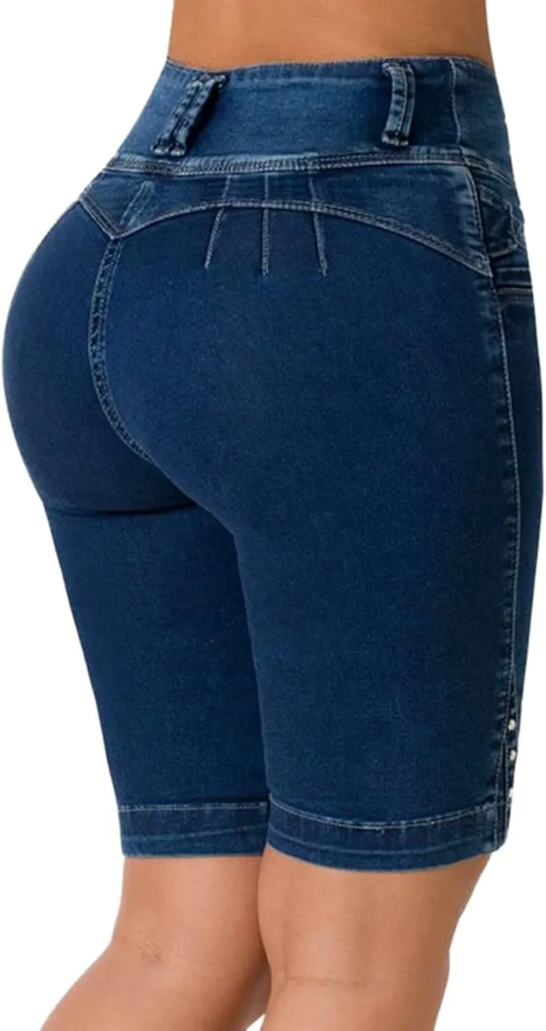 Flamingals Jean Shorts for Women - High Waist Bermuda Denim Shorts With Tummy Control