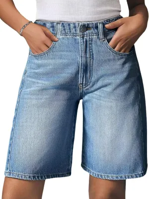 Flamingals Women's Bermuda Jean Shorts Mid Waist Straight Leg Summer Strechy Denim Shorts